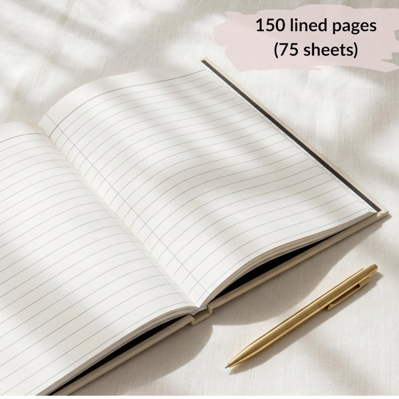 May include: An open notebook with white lined pages and a gold-toned metal pen. The notebook features 150 lined pages (75 sheets) as indicated by the text overlay. The pages are white with thin black horizontal lines, and the pen has a slim, metallic finish.