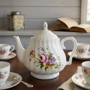 May include: A white ceramic teapot with a ribbed body and a floral pattern featuring pink, purple, and yellow flowers. The lid is topped with a small, ghost-like finial with two dots for eyes and a small mouth. The teapot is surrounded by matching teacups.