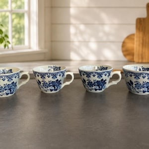 May include: A set of four ceramic tea cups featuring a white base with a detailed blue floral pattern and a decorative scalloped border along the rim. Each cup includes a curved handle and a wide opening, showcasing a consistent design across all pieces.