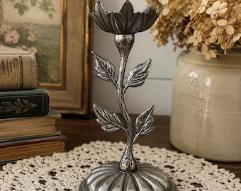 Vintage Pewter Flower Candlestick Holder | Silver Sunflower Botanical Taper Candle Stand | Cottagecore Gothic Dark Academia Table Decor
