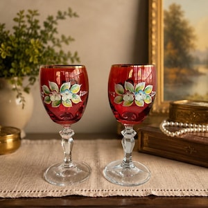 Vintage Bohemian Ruby Red Wine Glasses (Set of 2) – Hand-Painted Enamel Flowers with Gold Trim – Hand Blown Czech Crystal Stemware