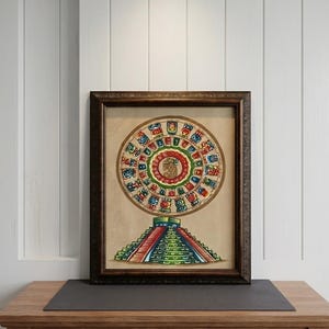 May include: A framed artwork featuring a circular Mayan calendar design with colorful glyphs surrounding a central figure, positioned above a depiction of a stepped pyramid structure. The piece is encased in a dark brown ornate wooden frame.