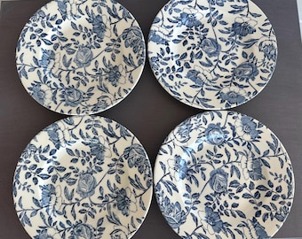 Set of 4 Vintage Churchill Plates – Blue White Peony Rose Pattern, Made in England