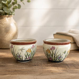 May include: Two small, round ceramic planters featuring a cream-coloured base with hand-painted illustrations of colourful irises, green foliage, and small birds. Each planter has a wide, dark red rim and a narrow dark blue band at the base.