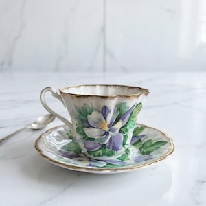 Vintage Gladstone Bone China Teacup and Saucer Set, Columbine Pattern, Purple Floral English Tea Cup, Scalloped Gold Rim, High Tea Gift