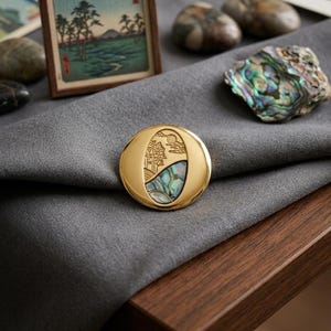 May include: A circular gold-toned brooch featuring an engraved landscape scene with trees and a sun above a crescent-shaped inlay of iridescent abalone shell. The polished metal surface reflects light, highlighting the detailed etched mountain design.