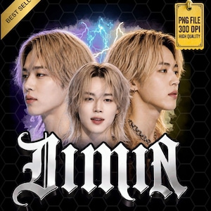 May include: A digital graphic featuring three portraits of a person with blonde hair arranged against a black hexagonal background with blue lightning effects. The silver metallic text JIMIN is displayed at the bottom. Includes Best Seller and PNG File 300 DPI tags.