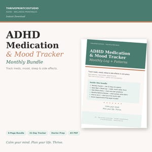 Registro imprimible de medicación para el TDAH / Registro mensual de estado de ánimo y efectos secundarios / Descarga instantánea en PDF / Preparación para la cita médica