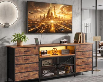 Rustic Farmhouse Media Console with LED Lights, TV Stand for 40-55 Inch TVs, Storage Cabinets & 8 Drawers
