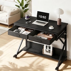 LED Gaming Computer Desk with Charging Station, Rolling Office Storage Hutch Drawers Wheels