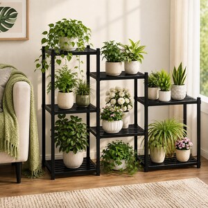 7-Tier Metal Plant Stand Indoor Outdoor, Tall Heavy Duty Plant Shelf, Waterproof Flower Pot Holder Rack, Black Garden Display