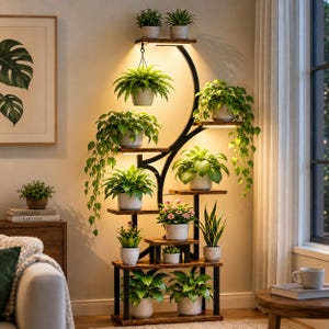 May include: A tall, multi-tiered plant stand with a black metal frame and dark wood shelves. The stand features integrated LED lighting under several shelves, illuminating various potted green plants, including ferns, trailing vines, and small flowers.