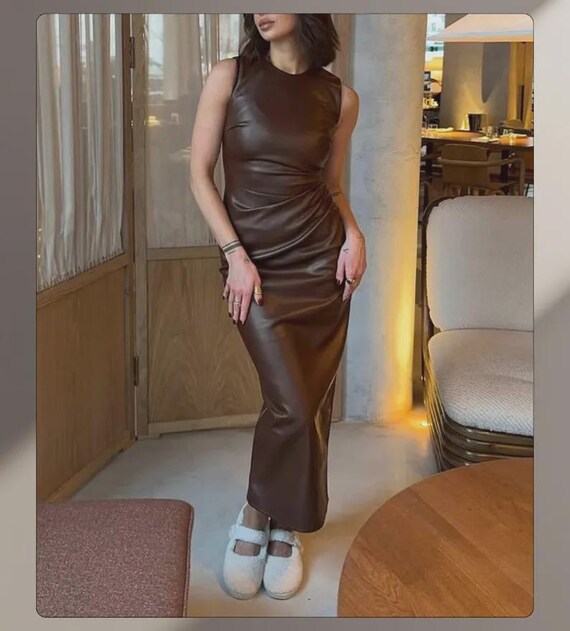 dark brown sheath dress Handmade Genuine Leather Midi Dress, Bodycon Sheath, Sleeveless Luxury Fitted Hebeos Champagne Lace Chiffon Invisible zip closure type:Straight-Leg Rental Period:4 days