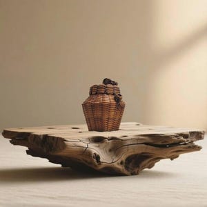 May include: A small, brown, woven basket with a lid, featuring a tapered shape and dark decorative accents. The basket is positioned on top of a thick, natural-edged piece of light-colored wood with visible grain and cracks, showcasing a rustic texture.