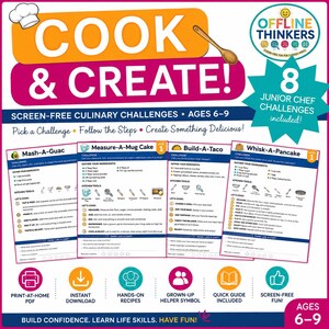 Pode incluir: Um conjunto de cartões de atividades educativas retangulares intitulado Cook & Create com 8 desafios culinários para crianças de 6 a 9 anos. O design inclui um gráfico de colher de pau, quatro cartões de receitas e vários ícones explicativos.