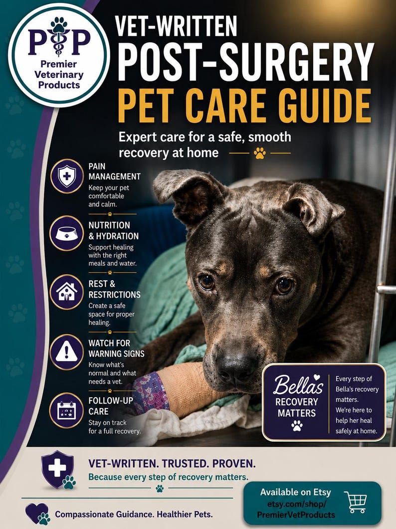 May include: A dark-furred dog with a bandaged front paw rests on a teal blanket. The informational graphic features the text Vet-Written Post-Surgery Pet Care Guide, listing sections for pain management, nutrition, rest, warning signs, and follow-up care.