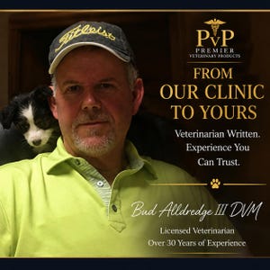 May include: A light green polo shirt worn by a person in a dark Titleist baseball cap with a black and white puppy. Text reads: PvP Premier Veterinary Products, From Our Clinic To Yours, Veterinarian Written, Bud Alldredge III DVM, Licensed Veterinarian.