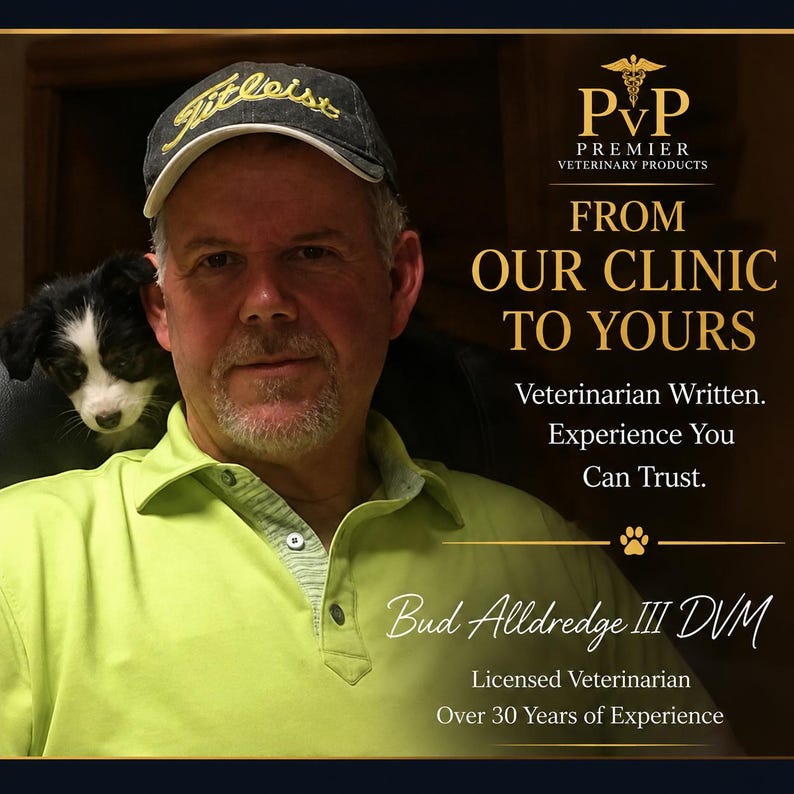 May include: A light green polo shirt worn by a person in a dark Titleist baseball cap with a black and white puppy. Text reads: PvP Premier Veterinary Products, From Our Clinic To Yours, Veterinarian Written, Bud Alldredge III DVM, Licensed Veterinarian.