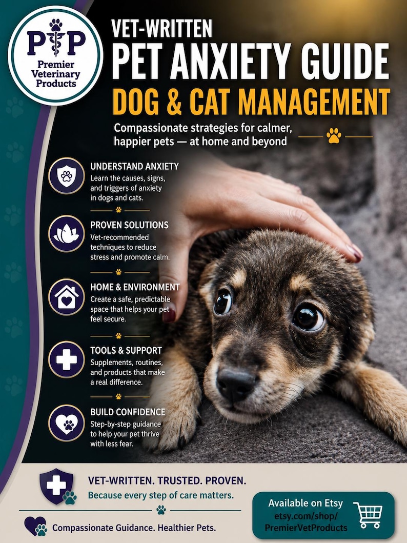 May include: A digital informational flyer titled Vet-Written Pet Anxiety Guide Dog & Cat Management. It features a brown puppy, bulleted sections on understanding anxiety, proven solutions, home environment, tools, support, and building confidence.