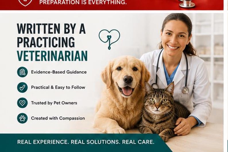 May include: A promotional graphic featuring a veterinarian in a white coat with a stethoscope, a golden retriever, and a tabby cat. Text includes: WRITTEN BY A PRACTICING VETERINARIAN, Evidence-Based Guidance, Practical & Easy to Follow, Trusted by Pet Owners, Created with Compassion, REAL EXPERIENCE. REAL SOLUTIONS. REAL CARE.