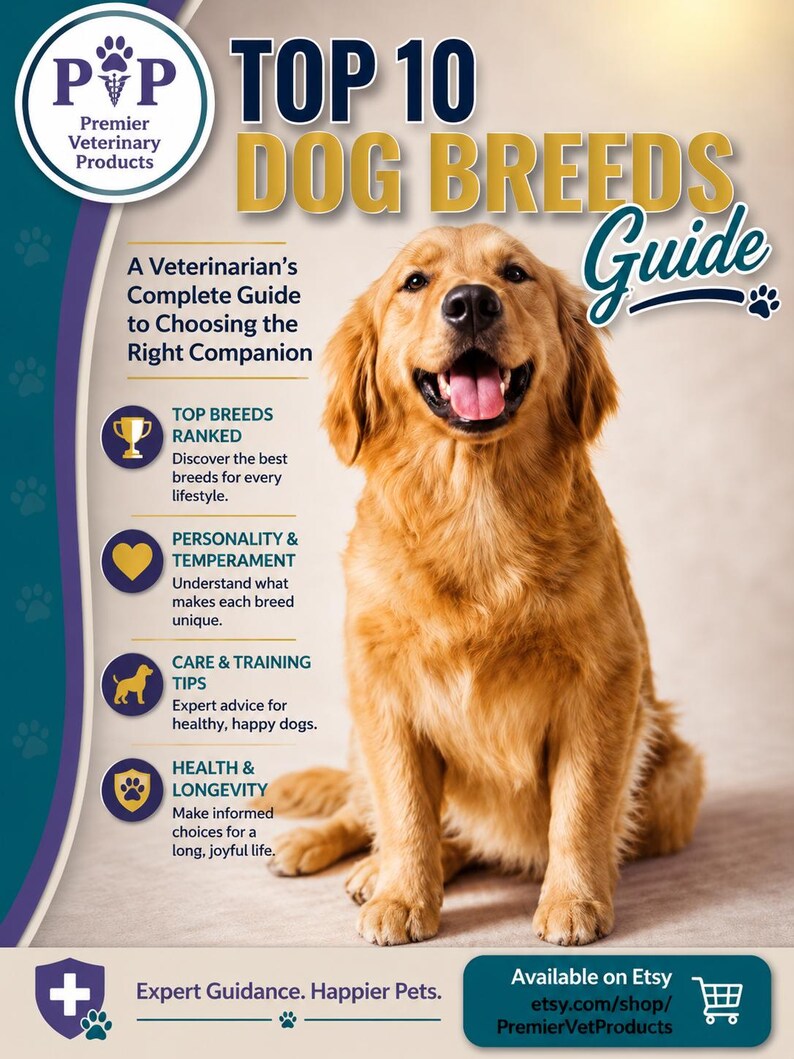 May include: A digital guide titled Top 10 Dog Breeds Guide featuring a golden retriever. The text includes A Veterinarian's Complete Guide to Choosing the Right Companion, Top Breeds Ranked, Personality & Temperament, Care & Training Tips, and Health & Longevity.