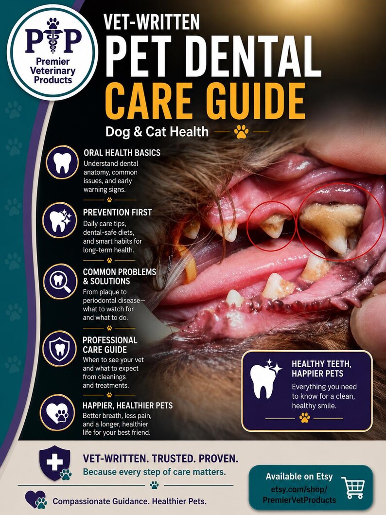 May include: A dark-themed informational guide titled Pet Dental Care Guide by Premier Veterinary Products. It features a close-up photograph of a dog's mouth with plaque buildup, alongside text sections on oral health, prevention, and professional care.