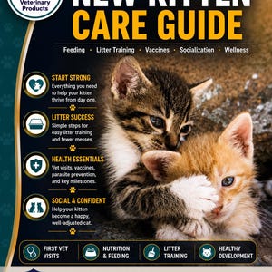 May include: A vet-written new kitten care guide featuring a brown tabby kitten and an orange kitten. The text includes sections on feeding, litter training, vaccines, socialization, and wellness, with a Premier Veterinary Products logo at the top.
