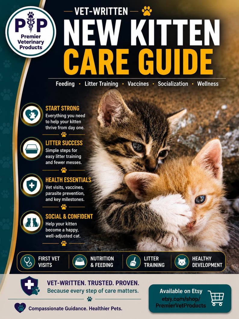 May include: A vet-written new kitten care guide featuring a brown tabby kitten and an orange kitten. The text includes sections on feeding, litter training, vaccines, socialization, and wellness, with a Premier Veterinary Products logo at the top.