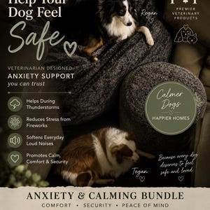 May include: An anxiety and calming bundle for dogs featuring two textured, dark gray pet beds. The image includes text: Help Your Dog Feel Safe, Premier Veterinary Products, Calmer Dogs Happier Homes, and Anxiety & Calming Bundle, Comfort, Security, Peace of Mind.