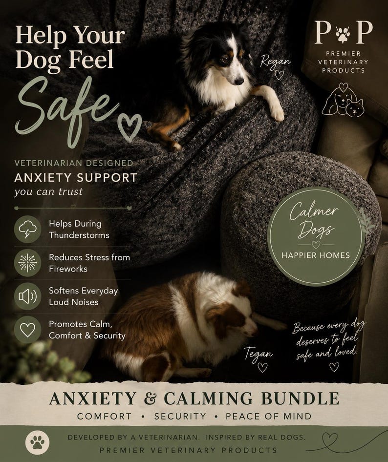 May include: An anxiety and calming bundle for dogs featuring two textured, dark gray pet beds. The image includes text: Help Your Dog Feel Safe, Premier Veterinary Products, Calmer Dogs Happier Homes, and Anxiety & Calming Bundle, Comfort, Security, Peace of Mind.
