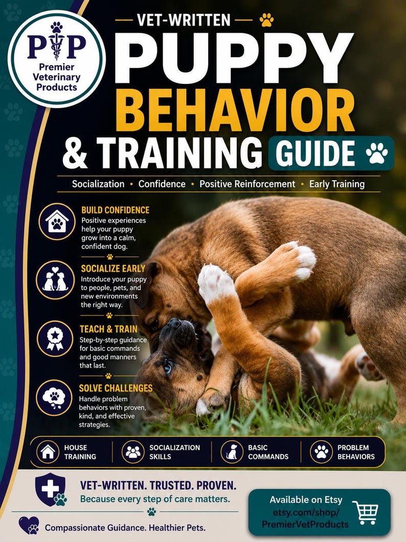 May include: A Puppy Behavior & Training Guide featuring two brown puppies playing in grass. The text includes Vet-Written, Build Confidence, Socialize Early, Teach & Train, Solve Challenges, House Training, Socialization Skills, Basic Commands, and Problem Behaviors.