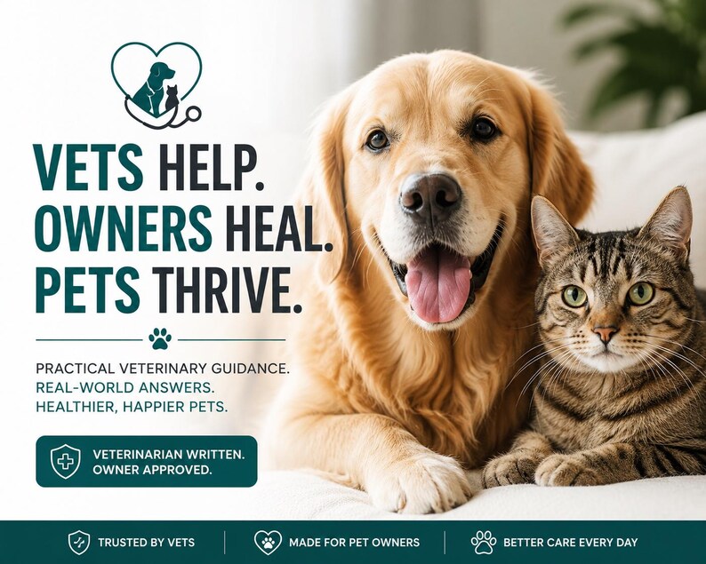 May include: A golden retriever and a tabby cat sit together. Text reads: VETS HELP. OWNERS HEAL. PETS THRIVE. PRACTICAL VETERINARY GUIDANCE. REAL-WORLD ANSWERS. HEALTHIER, HAPPIER PETS. VETERINARIAN WRITTEN. OWNER APPROVED. TRUSTED BY VETS. MADE FOR PET OWNERS. BETTER CARE EVERY DAY.