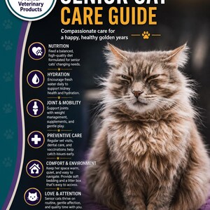 May include: A vertical informational poster titled Vet-Written Senior Cat Care Guide featuring a fluffy brown tabby cat. The text outlines six categories: Nutrition, Hydration, Joint & Mobility, Preventive Care, Comfort & Environment, and Love & Attention.
