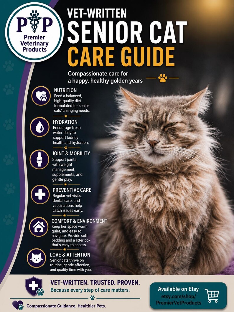 May include: A vertical informational poster titled Vet-Written Senior Cat Care Guide featuring a fluffy brown tabby cat. The text outlines six categories: Nutrition, Hydration, Joint & Mobility, Preventive Care, Comfort & Environment, and Love & Attention.