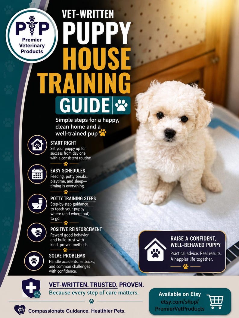 May include: A Vet-Written Puppy House Training Guide featuring a white puppy on a training pad. The text includes sections on starting right, easy schedules, potty training steps, positive reinforcement, and solving problems for a well-behaved puppy.