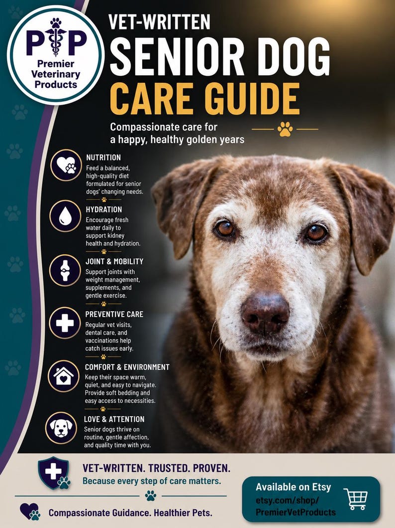 May include: A senior dog care guide featuring a brown dog with a white muzzle. The text reads: VET-WRITTEN SENIOR DOG CARE GUIDE, Compassionate care for a happy, healthy golden years, Nutrition, Hydration, Joint & Mobility, Preventive Care, Comfort & Environment, Love & Attention, VET-WRITTEN. TRUSTED. PROVEN. Because every step of care matters. Compassionate Guidance. Healthier Pets.