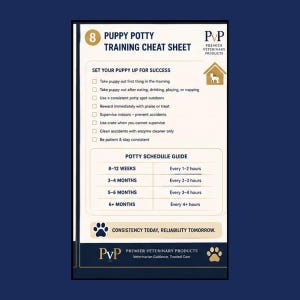 May include: A white rectangular Puppy Potty Training Cheat Sheet by Premier Veterinary Products. It features a checklist for success, a potty schedule guide for ages 8 weeks to 6+ months, and the text Consistency Today, Reliability Tomorrow.