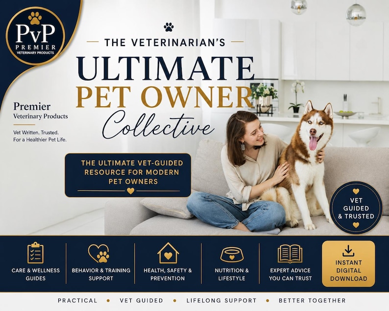 May include: A digital resource advertisement titled The Veterinarian's Ultimate Pet Owner Collective. It features a person with a husky, text about vet-guided resources, and icons for care, behavior, health, nutrition, and expert advice.