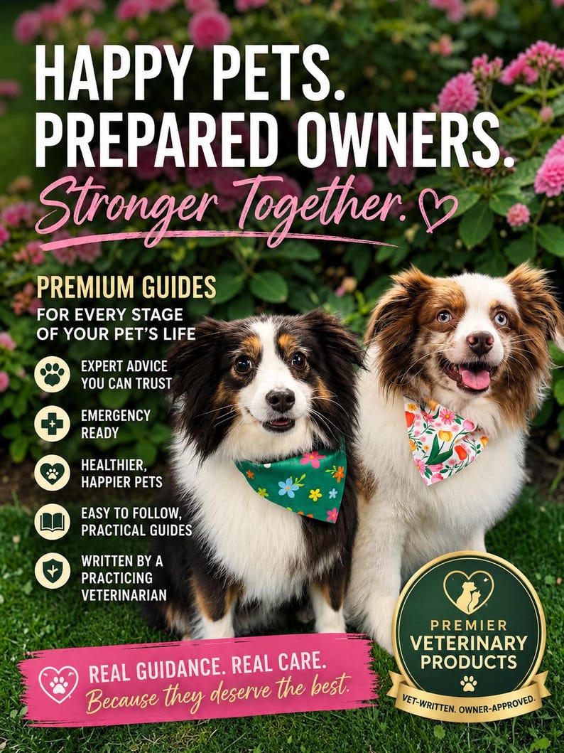 May include: Two dogs wearing floral bandanas sit in grass. Text reads: HAPPY PETS. PREPARED OWNERS. Stronger Together. PREMIUM GUIDES FOR EVERY STAGE OF YOUR PET'S LIFE. EXPERT ADVICE YOU CAN TRUST. EMERGENCY READY. HEALTHIER, HAPPIER PETS. EASY TO FOLLOW, PRACTICAL GUIDES. WRITTEN BY A PRACTICING VETERINARIAN. REAL GUIDANCE. REAL CARE. Because they deserve the best. PREMIER VETERINARY PRODUCTS VET-WRITTEN. OWNER-APPROVED.
