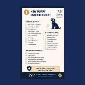 May include: A rectangular New Puppy Owner Checklist by Premier Veterinary Products. The cream-colored card features a dark blue puppy icon, paw prints, and three sections: Essential Supplies, Health & Wellness, and Training & Care Basics.