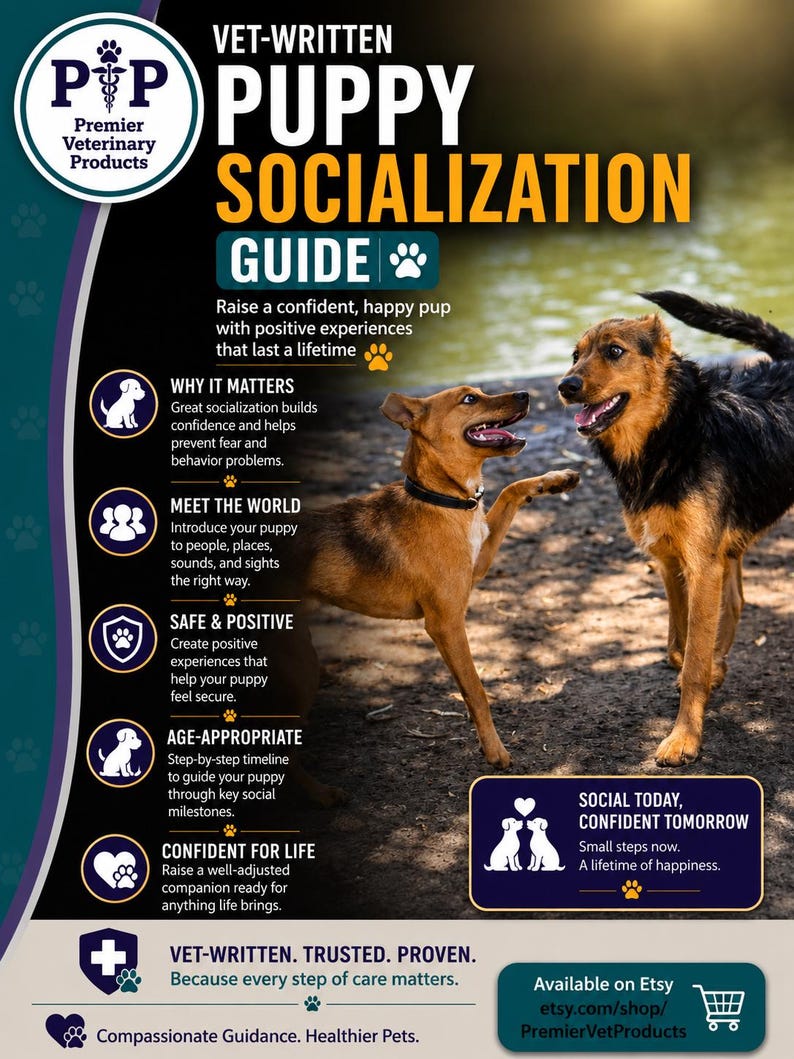 May include: A vertical informational flyer titled Vet-Written Puppy Socialization Guide. It features two dogs playing outdoors, a Premier Veterinary Products logo, and bulleted sections detailing socialization steps, milestones, and advice for raising a confident puppy.