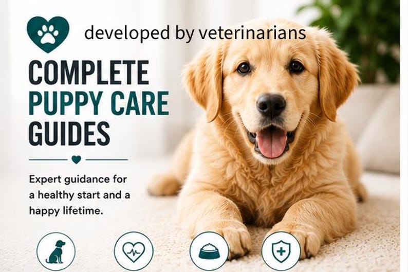 May include: A golden retriever puppy lying down with text that reads: developed by veterinarians, COMPLETE PUPPY CARE GUIDES, and Expert guidance for a healthy start and a happy lifetime. Four circular icons feature a dog, heart, bowl, and shield.