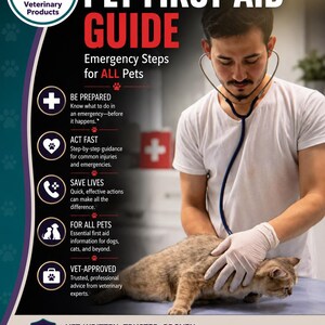May include: A Pet First Aid Guide poster featuring the text Vet-Written Pet First Aid Guide Emergency Steps for ALL Pets. It includes icons for preparation, action, saving lives, all pets, and vet-approved advice, with a medical professional.