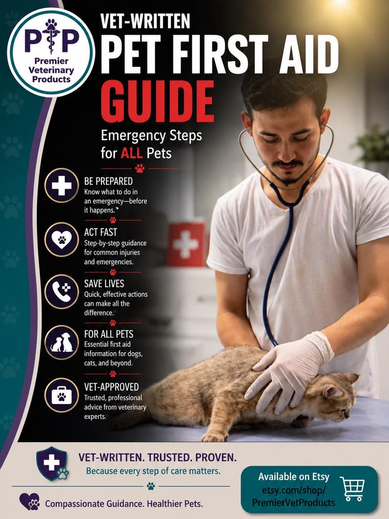 May include: A Pet First Aid Guide poster featuring the text Vet-Written Pet First Aid Guide Emergency Steps for ALL Pets. It includes icons for preparation, action, saving lives, all pets, and vet-approved advice, with a medical professional.