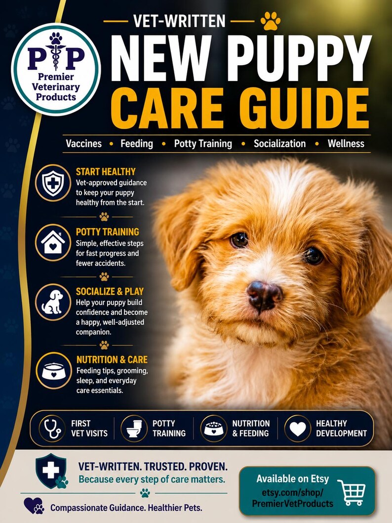May include: A digital informational flyer titled VET-WRITTEN NEW PUPPY CARE GUIDE featuring a fluffy golden-brown puppy. The text includes sections on vaccines, feeding, potty training, socialization, and wellness, with icons for each category.