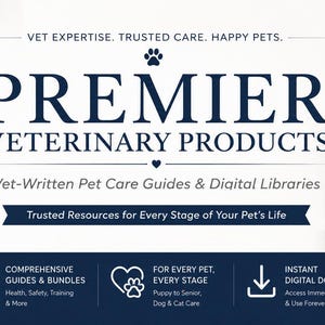 May include: A digital banner for Premier Veterinary Products featuring a golden retriever puppy and a tabby kitten. The text reads: Vet Expertise. Trusted Care. Happy Pets. Premier Veterinary Products. Vet-Written Pet Care Guides & Digital Libraries.