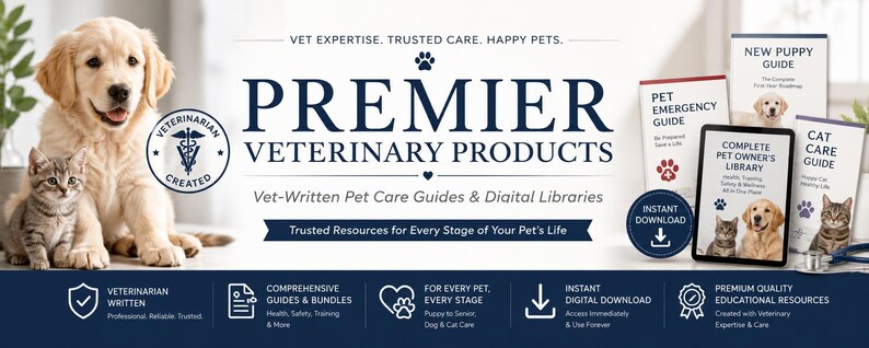 May include: A digital banner for Premier Veterinary Products featuring a golden retriever puppy and a tabby kitten. The text reads: Vet Expertise. Trusted Care. Happy Pets. Premier Veterinary Products. Vet-Written Pet Care Guides & Digital Libraries.