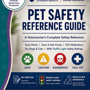 May include: A Pet Safety Reference Guide by Premier Veterinary Products featuring a traffic light safety rating system for dogs and cats. The document covers toxic plants, foods, and medications, using green, yellow, red, and blue icons for safety levels.