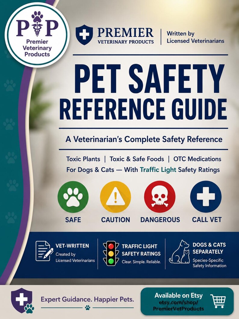 May include: A Pet Safety Reference Guide by Premier Veterinary Products featuring a traffic light safety rating system for dogs and cats. The document covers toxic plants, foods, and medications, using green, yellow, red, and blue icons for safety levels.