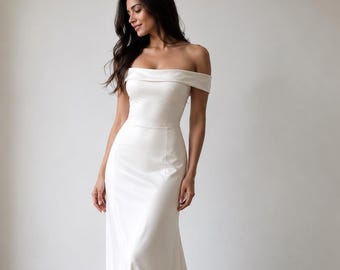 Off Shoulder Satin Wedding Dress, Draped Bridal Gown with , Corset Bodice, Minimalist Style